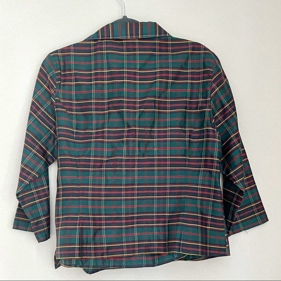 Vintage Anne Carson 100% Silk Wrap Top Holiday Green Red Gold Tartan Plaid - Picture 6 of 8